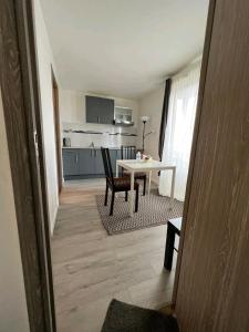 a living room with a table and a kitchen at Studio Cosy et fonctionnel drancy CDG in Drancy