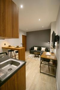 a kitchen and living room with a sink and a couch at Punto Lofts Periférico Sur in Mexico City