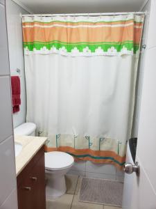 a bathroom with a toilet and a shower curtain at Departamento en Alameda Talca in Talca