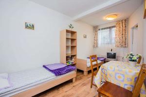 a bedroom with a bed and a desk and a table at Apartamenty Motylem Jestem in Szczawnica