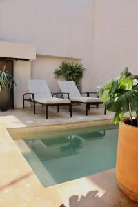 a swimming pool with two chairs and a pool of water at Casa Nova Centro Oaxaca - Adults Only in Oaxaca City