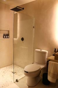 a bathroom with a toilet and a glass shower at Casa Nova Centro Oaxaca - Adults Only in Oaxaca City