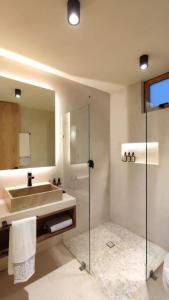 La salle de bains est pourvue d'un lavabo et d'une douche en verre. dans l'établissement Casa Nova Centro Oaxaca - Adults Only, à Oaxaca