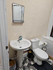 ein Badezimmer mit einem Waschbecken, einem WC und einem Spiegel in der Unterkunft Skyline Queen's suites 203 in Swansea