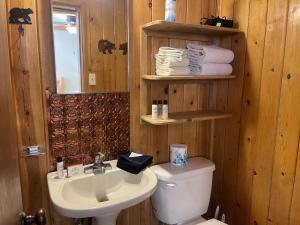 a bathroom with a white toilet and a sink at Red River Condo #4 in Red River +15 photos