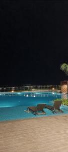 a large swimming pool at night with two benches at bali residensi in Malacca