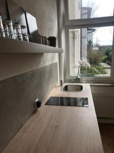kuchnia ze zlewem i oknem w obiekcie studio g -Central sunny apartment for 6 guests with terrace w mieście Düsseldorf