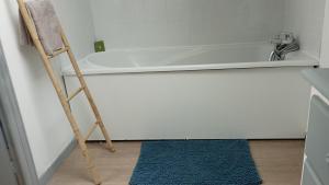 a ladder next to a bath tub with a blue rug at Charmant cocon à Malo-les-bains in Dunkerque