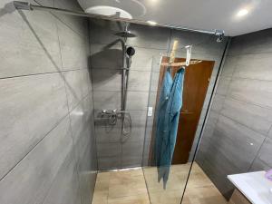 a shower with a glass door in a bathroom at Haus am Bach in Erl