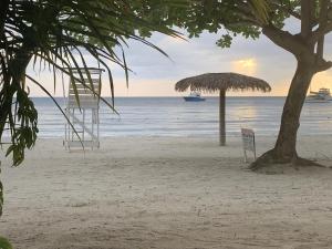a beach with a umbrella and a tree and the ocean at Relax in Jamaica - Enjoy 7 Miles of White Sand Beach! villa in Negril