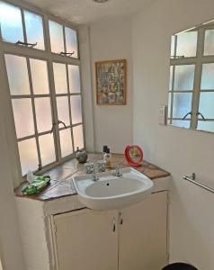 a bathroom with a white sink and two windows at Weaver Cottages in Harare