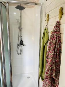 a shower in a bathroom with a shower curtain at Designový Tiny house(minidomeček) U Mluvících kamenů in Staré Křečany