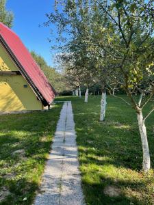 un chemin dans l'herbe à côté d'un bâtiment dans l'établissement MELA, à Materija