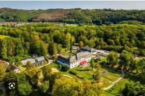 an aerial view of a large building in a park at Schloss Auel Boutique Hotel & Design Golf Lodge in Lohmar