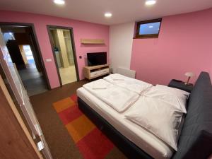 1 dormitorio con 1 cama y TV. en Royal Villa Keszthely en Keszthely