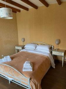 a bedroom with a large bed with two tables at May's Cottage in Availles-Limouzine
