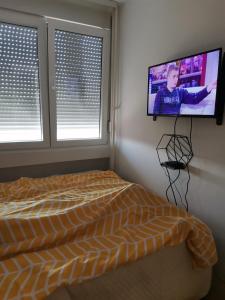 a bedroom with a bed and a flat screen tv on the wall at Zgrada, stan in Kruševac