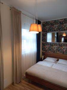 a bedroom with a bed and a mirror on the wall at Apartamenty Vesuvio in Dźwirzyno