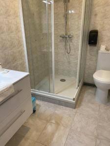 a bathroom with a shower and a toilet at Hotel Restaurant L'Escale in Sainte-Nathalène