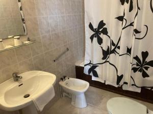 ein Badezimmer mit einem Waschbecken, einem WC und einem Duschvorhang in der Unterkunft Hotel Restaurant L'Escale in Sainte-Nathalène