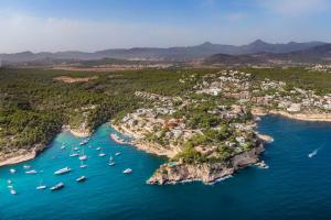 Sol de Mallorca的住宿－Luxury Villa with panoramic sea views，享有小岛的空中景色,在水中划船