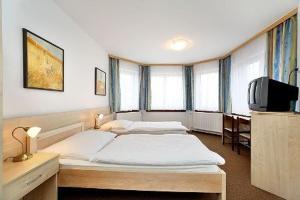 チェスキー・クルムロフにあるHotel Rajskyのベッドルーム1室(ベッド2台、テレビ、窓付)