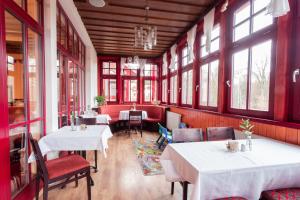 a dining room with tables and chairs and windows at Hotel Studanka in Rychnov nad Kněžnou