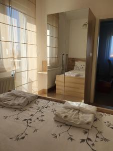 1 dormitorio con 2 camas y un espejo grande en WING 3 apartman ,,BC ,, en Jagodina