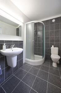 a bathroom with a shower and a sink and a toilet at Hotel Rajsky in Český Krumlov