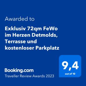 Sertifikat, nagrada, logo ili drugi dokument prikazan u objektu Exklusiv 72qm FeWo im Herzen Detmolds, Terrasse und kostenloser Parkplatz