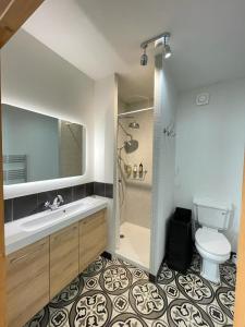 a bathroom with a sink and a toilet and a shower at Le bonheur de la campagne à la ville - Grand studio en plein coeur de la ville in Nîmes