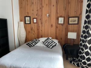 una camera con un letto con due cuscini sopra di La maison bleue Canelle a Laval-Roquecézière