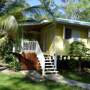 una casa amarilla con una escalera que conduce a un porche en Sand Dollar Beach Bed & Breakfast, en Bocas Town