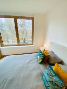 1 dormitorio con cama con almohadas y ventana en Luxury Brand New Flat with Terrace & Parking - RTL1, en Luxemburgo