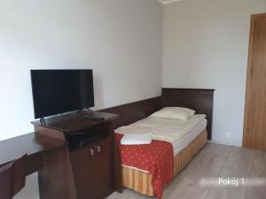 um quarto com uma cama e uma secretária com uma televisão de ecrã plano em GLIWICKA 16 em Katowice