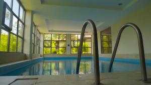 een zwembad met twee metalen bars in een gebouw bij Club Hotel Felicia Village in Kızılot