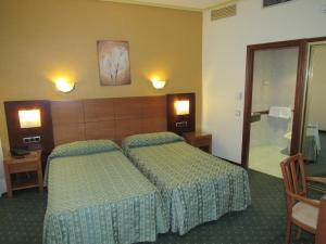 a hotel room with two beds and a television at Hotel Virgen del Camino Pontevedra in Pontevedra