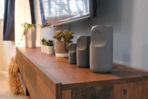 a wooden counter with pots of plants on it at Spacious Apartment -Double and Sofabed -Wonderful Royal Pavilion Views in Brighton & Hove