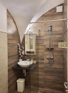 a bathroom with a sink and a glass shower at Studio Ian in Ljubljana