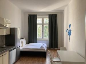 1 dormitorio con 1 cama frente a una ventana en Erbenova Apartments, en Praga
