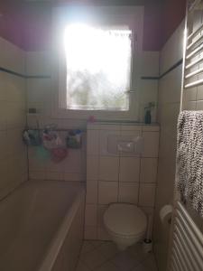 a bathroom with a toilet and a tub and a window at Private room in the centre of Berlin in Berlin