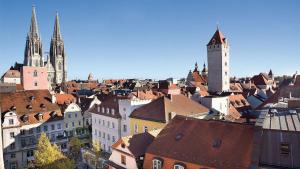 Blick auf eine Stadt mit Kirchen und Dächern in der Unterkunft Ferienwohnung "Karmeliten Am Dom" in Regensburg