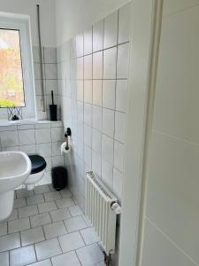 ein weißes Bad mit einem WC und einem Waschbecken in der Unterkunft Ferienwohnung am Tor zum Thüringer Wald 2 in Plaue