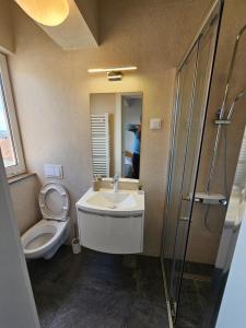 a bathroom with a toilet and a sink and a shower at Guest House Mamut in Kaštela