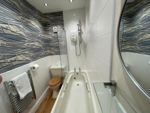 a bathroom with a tub and a toilet and a shower at Fayvan Apartments in Whitby