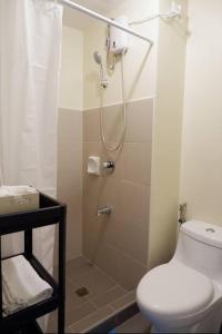 een badkamer met een douche, een toilet en een wastafel bij Santorini at Vertis North in Manilla