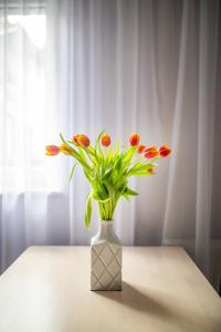 a vase filled with red tulips sitting on a table at EASY RENT Apartments - GUSTO in Lublin