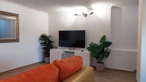 uma sala de estar com um sofá e uma televisão de ecrã plano em Villa Santos em São Gregório