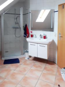 a bathroom with a shower and a white sink at Traumblick und Komfort - lichtdurchflutete 85 qm Wohnung nahe Südstrand Göhren inklusive Schwimmbad und Sauna im AHOI Sellin in Göhren