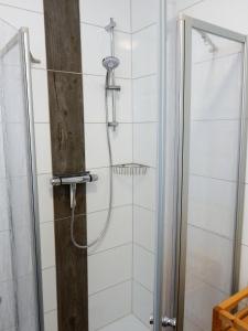 a shower with a hose in a bathroom at Strandoase Typ STO-A STRANDOASE Whg. SO2 in Wustrow